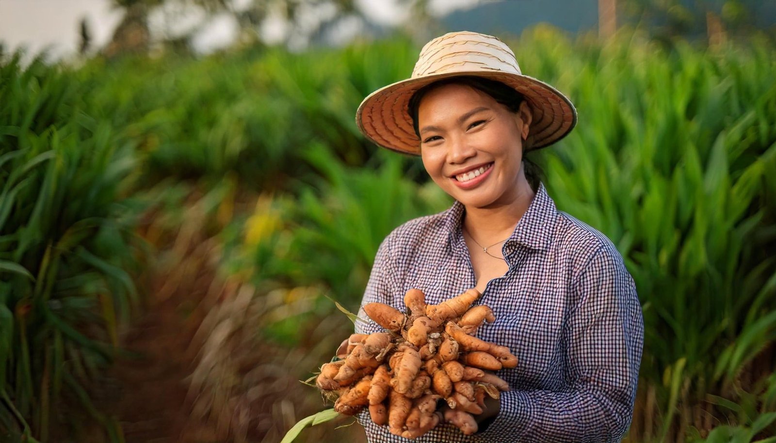 A smiling Filipino farmer holding freshly harvested turmeric