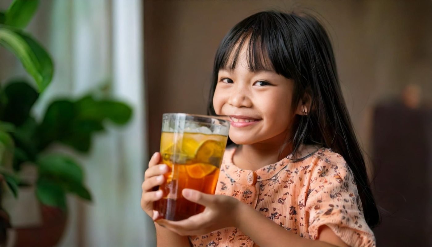 A smiling girl holding a glass of iced turmeric brew